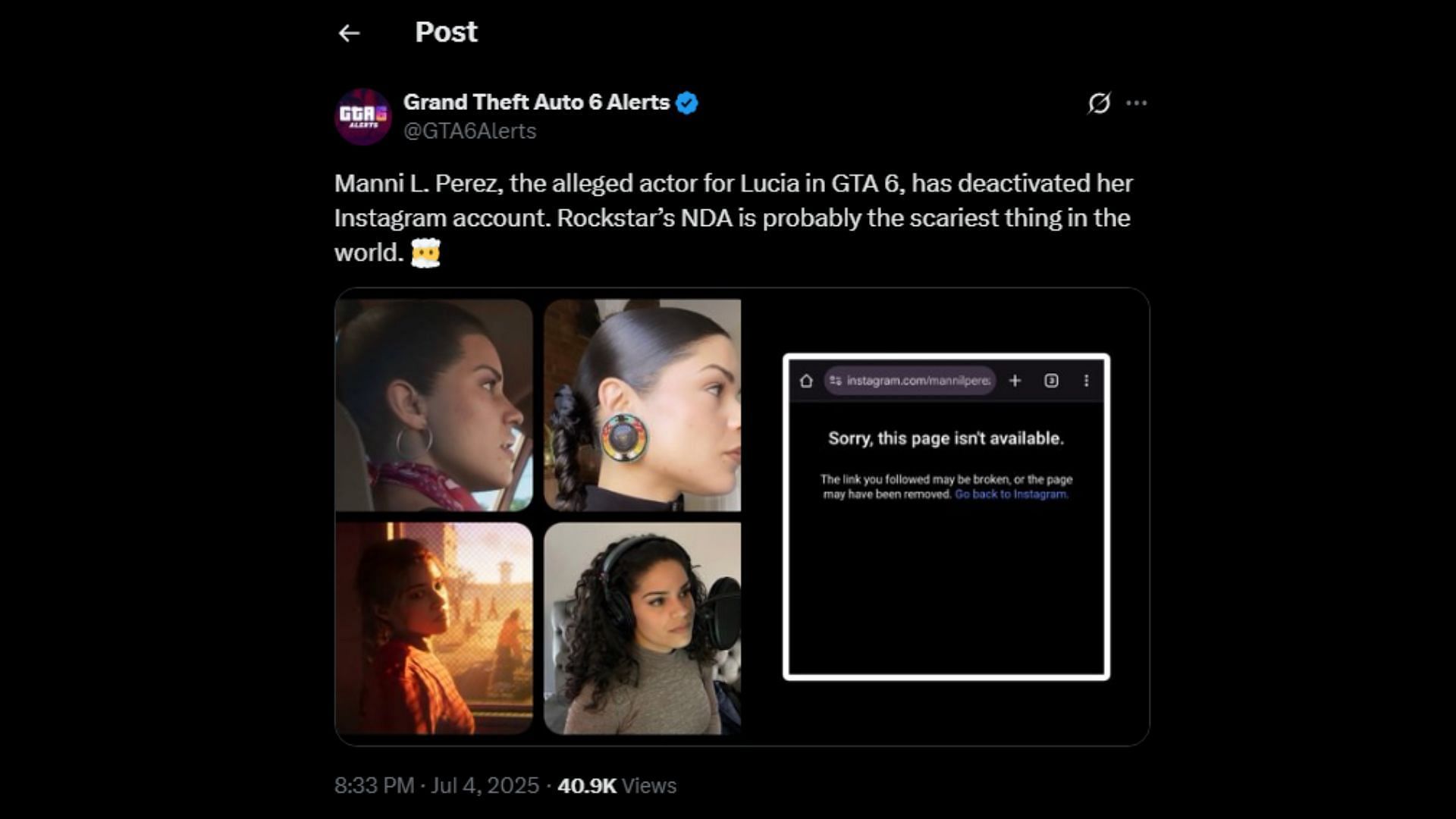GTA 6 Lucia's rumored actor has reportedly deleted her Instagram account (Image via X/@GTA6Alerts)